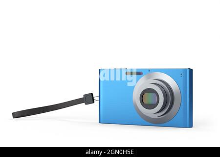 Elegante fotocamera digitale tascabile compatta blu isolata su sfondo bianco. Concetto di destinazione di viaggio in vacanza con rendering 3D Foto Stock