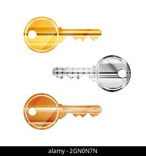 Set di chiavi per porte moderne e dettagliate realizzate in metallo diverso come oro, argento e rame, isolate su bianco Illustrazione Vettoriale