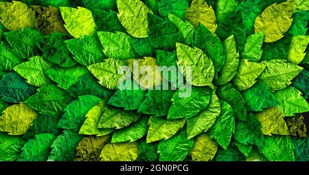 Sfondo verde foglia e vegetazione naturale modello fogliame fatto di taglio testurizzato albero foglie di carta come una carta da parati astratta natura. Foto Stock