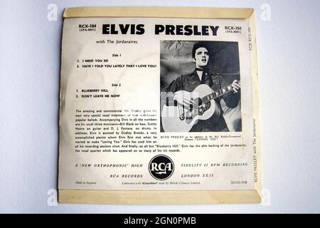 Retro della copertina per l'EP in vinile a quattro tracce di Elvis Presley con i Jordinaires, sull'etichetta RCA Records Foto Stock