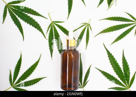 Una bottiglia di cannabis CBD o olio di canapa su foglie di marijuana concetto di medicina alternativa. Cosmetici e prodotti per la cura della pelle Foto Stock