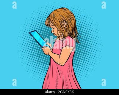 una bambina usa uno smartphone. Gadget elettronici e bambini Illustrazione Vettoriale