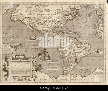 Cartografia italiana antica illustrata circa 1600 d'America (le Americhe) con cartouche, di Arnoldi di Arnoldi e Matteo Florimi Foto Stock