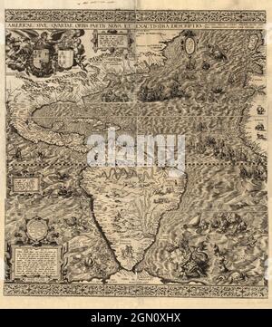 Antica mappa illustrata del 1562 dell'America (le Americhe) creata da Diego Gutiérrez Foto Stock