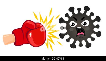 Illustrazione vettoriale di un coronavio contro il guanto da boxe. Illustrazione vettoriale di coronavirus arrabbiato vs guanto da boxe. Arrestare Coronavirus. Illustrazione Vettoriale