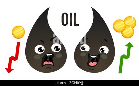 Illustrazione vettoriale di due gocce di olio con denaro. Commercio di petrolio e denaro. Vettore kawaii icone di olio emoji. Illustrazione Vettoriale