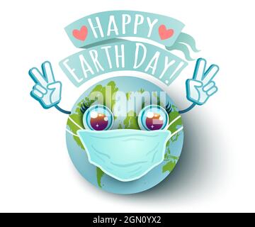 Illustrazione vettoriale del pianeta Terra con maschera medica in stile kawaii per il giorno della Terra. Giornata della Terra 22 aprile. Amiamo il nostro pianeta. Illustrazione Vettoriale
