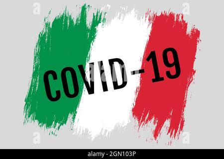 Vector vintage bandiera italiana con testo COVID-19. Illustrazione della bandiera italiana in stile grunge con testo COVID-19. Arrestare Coronavirus in Italia. Illustrazione Vettoriale