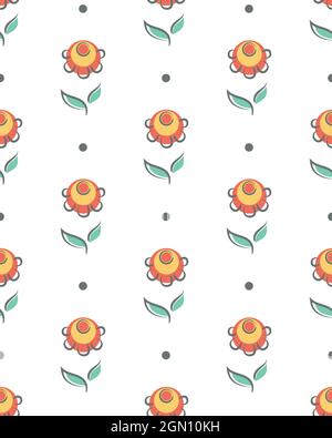 Folklore motivo floreale senza cuciture. Fiore grafico disegnato a mano, foglia carino nordico tradizionale design. Sfondo bianco modificabile. Vettore Illustrazione Vettoriale