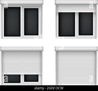 Finestre bianche in plastica doppia con tende. Jalousie realistiche per finestra in PVC. Finestre chiuse e aperte con persiane per arredamento Illustrazione Vettoriale