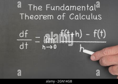 Un professore completa la scrittura di un teorema fondamentale della formula di calcolo su una lavagna, un'equazione matematica comune insegnata oggi a scuola. Foto Stock