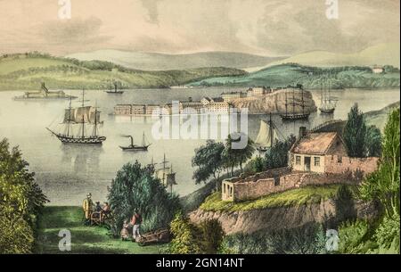 Una vista del 19 ° secolo della base navale di Cove, Harbour e Haulbowline nella contea di Cork, Irlanda. La città situata sul lato sud di Great Island a Cork Harbour, fu rinominata dagli inglesi 'Queenstown' dal 1849 al 1920 quando divenne conosciuta come Cobh. Creato intorno al 1880 da un artista anonimo. Foto Stock