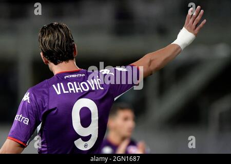 Firenze, Italia. 21 settembre 2021. Dusan Vlahovic dell'ACF Fiorentina reagisce durante la Serie a 2021/2022 partite di calcio tra ACF Fiorentina e FC Internazionale allo stadio Artemio Franchi di Firenze, 21 settembre 2021. Foto Andrea Staccioli/Insidefoto Credit: Ininsidefoto srl/Alamy Live News Foto Stock