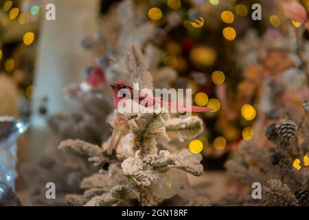 cucciolo piccolo uccello sedersi in una fata foresta di neve. Installazione di Natale. Foto Stock