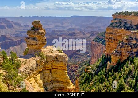 Una precaria sporgenza di roccia e colonne sul bordo del bordo sud del Grand Canyon Arizona. Preso in 2010. Foto Stock