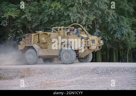 Esercito britannico Supacat Jackal 4x4 rapido assalto, fuoco di sostegno e veicoli di ricognizione in esercizio, Salisbury Plain (SPTA) UK Foto Stock