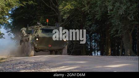 British Army Patria Pasi Fuchs (Falcon Squadron) NBC ricognizione veicolo corazzato 6x6 su un'esercitazione militare, Wiltshire UK Foto Stock