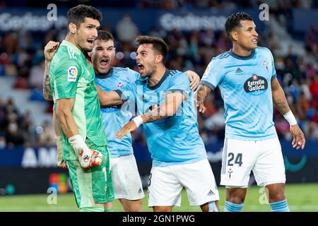 Valencia, Spagna. 21 settembre 2021. Matias Dituro, Jeison Murillo, Francisco Jose Beltran del Real Club Celta de Vigo in azione durante la Liga spagnola, partita di calcio tra Levante UD e Real Club Celta de Vigo allo stadio Ciutat de Valencia a Valencia. (Punteggio finale; Levante UD 0:2 Real Club Celta de Vigo) (Foto di Xisco Navarro/SOPA Images/Sipa USA) Credit: Sipa USA/Alamy Live News Foto Stock