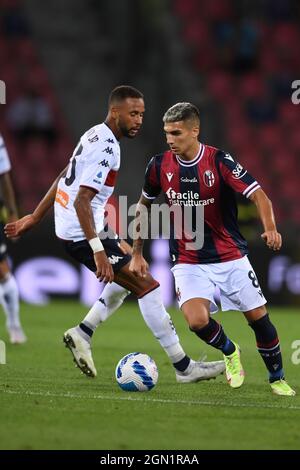 Nicolas Dominguez (Bologna)Hernani Azevedo Junior (Genova) Durante la partita italiana 'srie A' tra Bologna 2-2 Genova allo Stadio Renato Dall Ara il 21 settembre 2021 a Bologna. (Foto di Maurizio Borsari/AFLO) Foto Stock