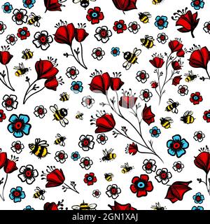 Sfondo allegro senza giunture con fiori e api. Illustrazione vettoriale Illustrazione Vettoriale