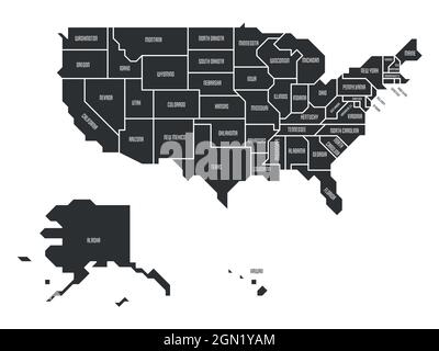 Mappa grigia semplificata degli Stati Uniti d'America. Stile retrò. Forme geometriche di stati con bordi netti. Semplice mappa vettoriale piatta con etichette di stato Illustrazione Vettoriale