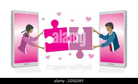 Incontri online. Donna e uomo riunione online e ottenere partita e cadere in amore. Illustrazione vettoriale. Dimensione 16:9. Illustrazione Vettoriale