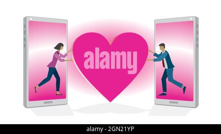 Incontri online. Coppia, donna e uomo trovare corrispondenza e l'amore su internet. Concept amore e trovare partner. Illustrazione vettoriale. EPS10. Dimensione 16:9. Illustrazione Vettoriale