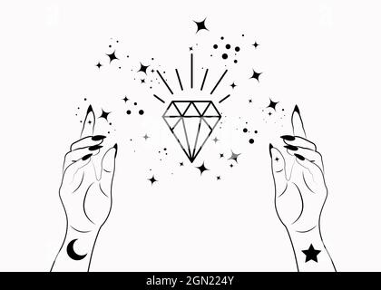 Mistica Donna mani alchimia esoterica magia spazio stelle, cristallo simbolo, geometria Sacra. Logo Boho in tatuaggio con contorno nero. Segno spirituale Illustrazione Vettoriale
