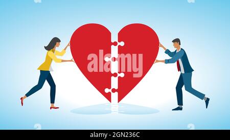 Trovare l'amore e andare in relazione. Donna e uomo hanno messo insieme il cuore. Illustrazione vettoriale. EPS10. Illustrazione Vettoriale
