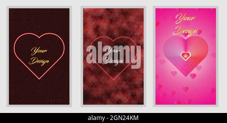Set moderno di cover design. Design vettoriale di cover con cuori utilizzati per l'invito, le carte di nozze, carte valentine Illustrazione Vettoriale