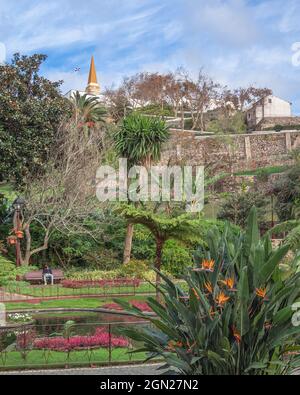 Uomo seduto ammidi piante colorate nel giardino del duca di Terceira (Jardim Duque da Terceira) in Angra do Heroismo, isola di Terceira, Azzorre. Foto Stock