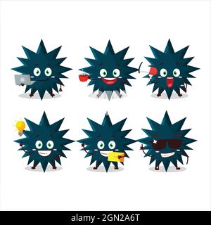 Personaggio cartoon del virus del rischio biologico con vari tipi di emoticon aziendali. Illustrazione vettoriale Illustrazione Vettoriale