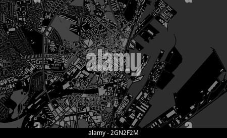 Nero scuro Aarhus City area vettore sfondo mappa, strade e l'acqua cartografia illustrazione. Streetmap digitale con proporzioni widescreen e design piatto. Illustrazione Vettoriale