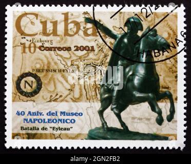 CUBA - CIRCA 2001: Un francobollo stampato a Cuba mostra la Statua equestre di Napoleone e la Mappa della Battaglia di Eylau, 40° anniversario del Museo Napoleonico, Foto Stock