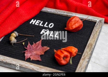 Felt board con messaggio Ciao caduta circondato da caldo maglione e foglia di acero, ghiande, physalis. Colorato autunno mock up. Foto Stock