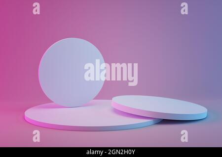 rappresentazione 3d del podio circolare chiaro su sfondo neon. Sfondo astratto con piedistallo rotondo. Fase vuota per mostrare il prodotto Foto Stock