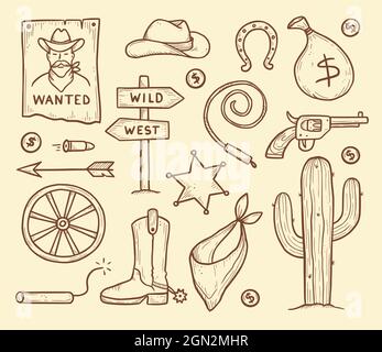 Cowboy occidentale Doodle set. Stile della linea di schizzo disegnato a mano. Cappello cowboy, cranio vacca, pistola, elemento cactus. Illustrazione del vettore Wild West. Illustrazione Vettoriale