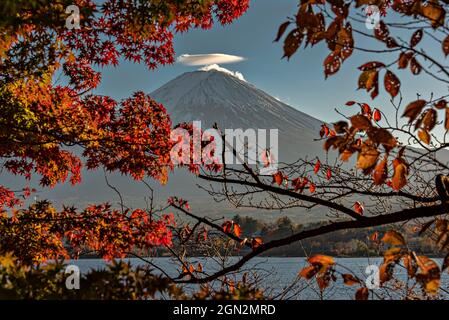 Monte Fuji dal lago di Kawaguchiko, Minatsimuru, Yamanashi, Giappone. Foto Stock