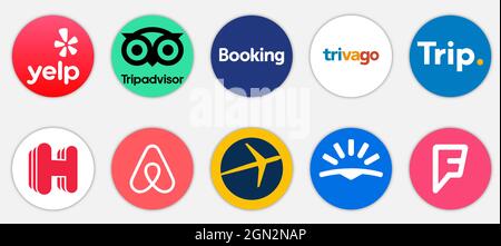 Vinnytsia, Ucraina - 15 settembre 2021. Logo delle applicazioni di viaggio online: tripadvisor.com, Booking.com, Airbnb, Expedia, Trivago, Skyscanner, Trip.com Illustrazione Vettoriale