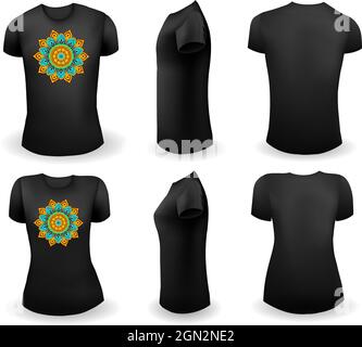 T shirt nera maschio e femmina modello realistico con mandala. Vista anteriore, laterale e posteriore. Vettore Illustrazione Vettoriale
