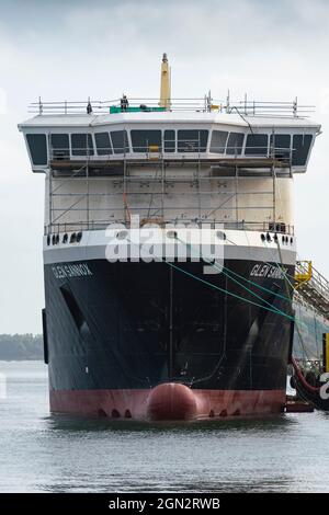 Port Glasgow, 21 settembre 2021, Vista del controverso traghetto Caledonian Macbrayne in fase di fabbricazione presso il cantiere navale Ferguson Marine a Clyde a Port Glasgow Foto Stock