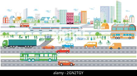 Città ecologica con veicoli elettrici e treno passeggeri, illustrazione Illustrazione Vettoriale