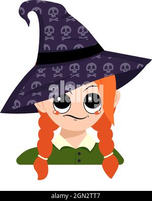 Avatar di ragazza con occhi grandi ed emozioni sospette in un cappello a strega appuntita con cranio. La testa di un bambino con il viso. Decorazione di festa di Halloween Illustrazione Vettoriale