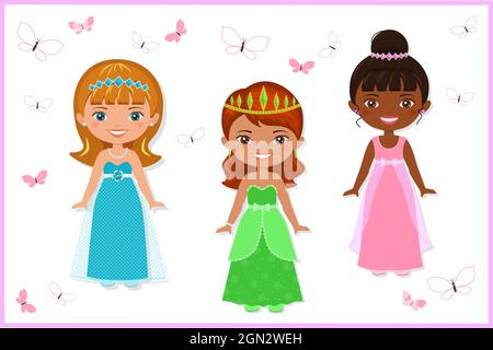 Set di belle principesse in abiti belli. Stile cartoon piatto. Illustrazione vettoriale Foto Stock