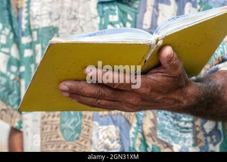 uomo che tiene un libro, uomo che legge un libro, uomo che legge poesia Foto Stock