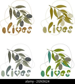 Ramo con olive, oliva multicolore, disegno a mano, scarabocchiatura, lettering, ornamento. Per il tuo design. Illustrazione Vettoriale