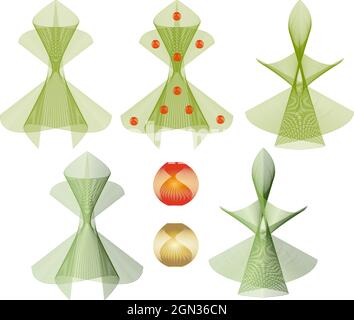 Christmas tree mesh transizione, verde, con un gradiente, palle, rosso e oro. Illustrazione vettoriale Illustrazione Vettoriale