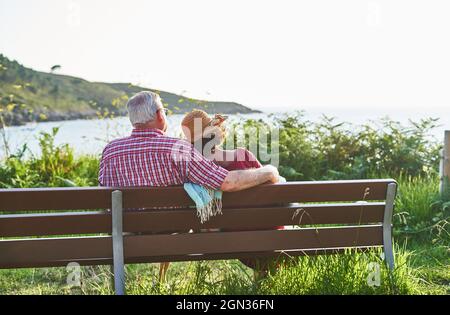 Vista posteriore di una coppia anziana irriconoscibile seduta guardando l'un l'altro su panca di legno e godendo la giornata estiva sulla riva del laghetto Foto Stock