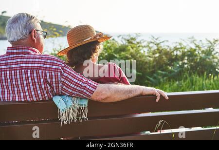 Vista posteriore di una coppia anziana irriconoscibile seduta guardando l'un l'altro su panca di legno e godendo la giornata estiva sulla riva del laghetto Foto Stock