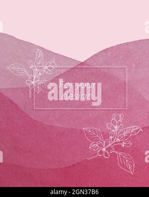 Biglietto d'auguri con sfondo rosa acquerello e fiori spagianti, ramo sakura, disegno a mano, per invito o congratulazioni. Illustrazione vettoriale Illustrazione Vettoriale